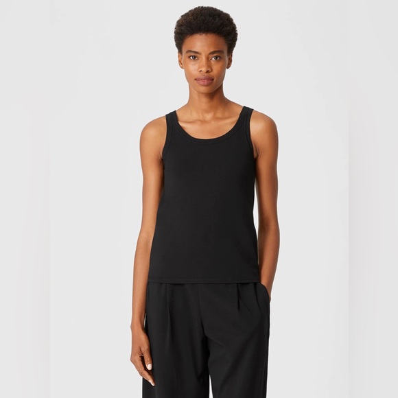 EILEEN FISHER Traceable Cotton Jersey Scoop Neck Tank in Black - Picture 2 of 8